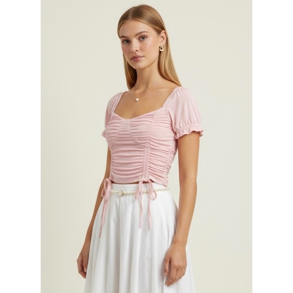 O.Vianca Pink Ruched Drawstring Crop Top Size Medium Short Sleeve Sweetheart